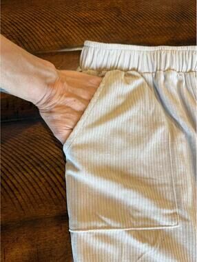 blue blush  Ribbed Beige Pull On Joggers, Contrast Stitching / Pockets Medium